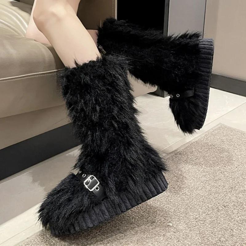 Модные меховые полусапожки на платформе, женские теплые ботинки, зимняя новая обувь 2025 года, кроссовки Chelsea Goth, модные повседневные короткие плюшевые ботинки Mujer