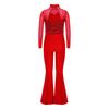Bell-Bottom Jumpsuit for Girls: Mock Neck Long Sleeve with Sequins Bodice, Sheer Mesh & Back Cutout for Competition