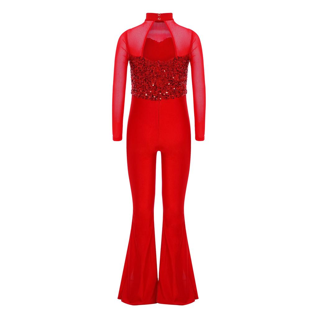 Bell-Bottom Jumpsuit for Girls: Mock Neck Long Sleeve with Sequins Bodice, Sheer Mesh & Back Cutout for Competition