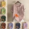 Women's Fashion Round Neck Short Sleeve T-shirt Casual Cotton Linen Pattern Shirt Leisure Loose Flower Prined Summer Blouse Tops