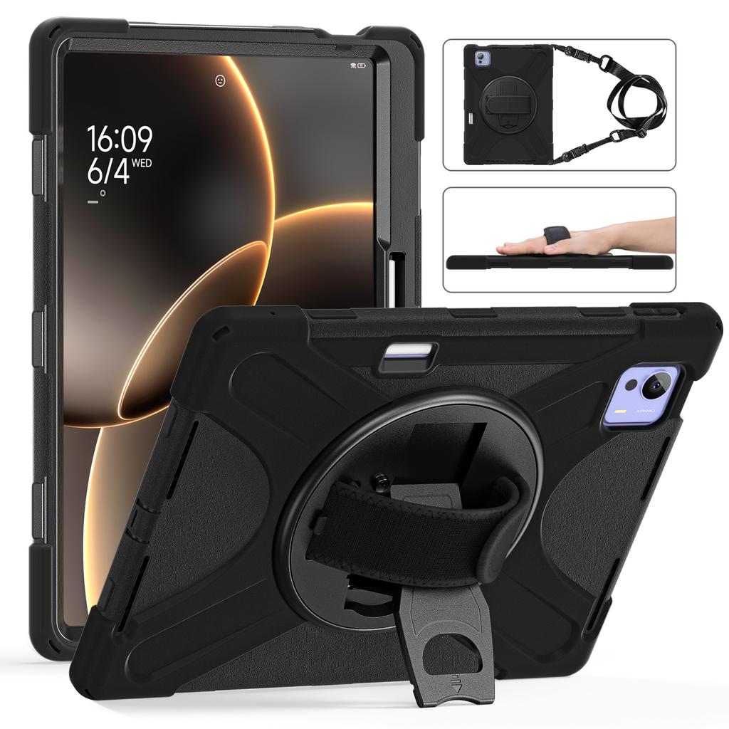 Прочный чехол-подставка для Xiaomi Pad 7 Ultra 2025 14,0 дюйма, вращающийся на 360°, усиленная крышка с ремешком для руки и плечевым ремнем, 3-слойный корпус