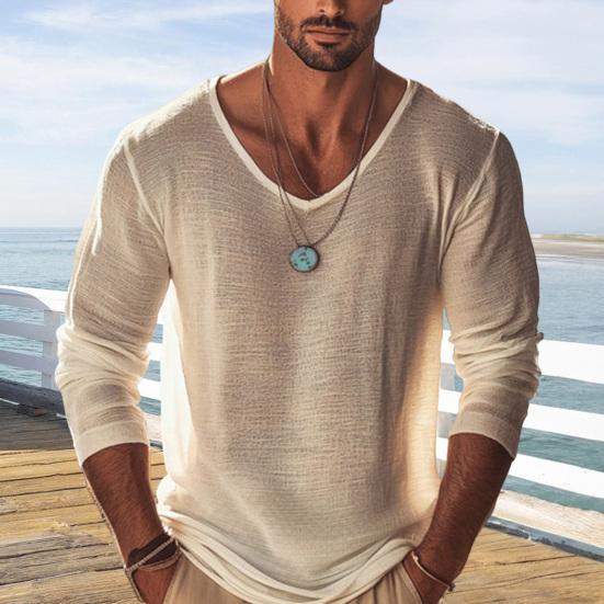 Мужская рубашка, мягкая, дышащая, однотонная, повседневная, с V-образным вырезом и длинным рукавом, свободная, весна-лето, пуловер, топы, повседневная одежда