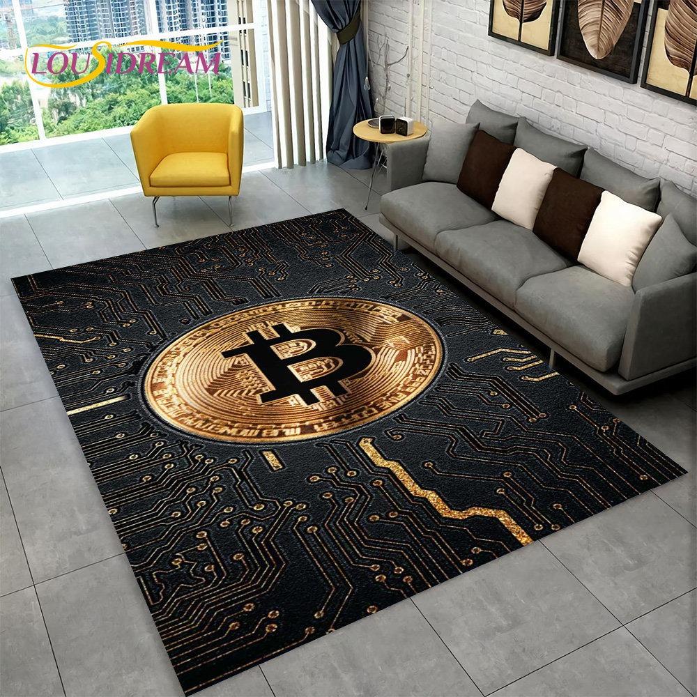 3D Bitcoin Virtual Currency Area Rug Large Carpet Rug for Living Room Bedroom Sofa Playroom Doormat Decor Kid Non-slip Floor Mat
