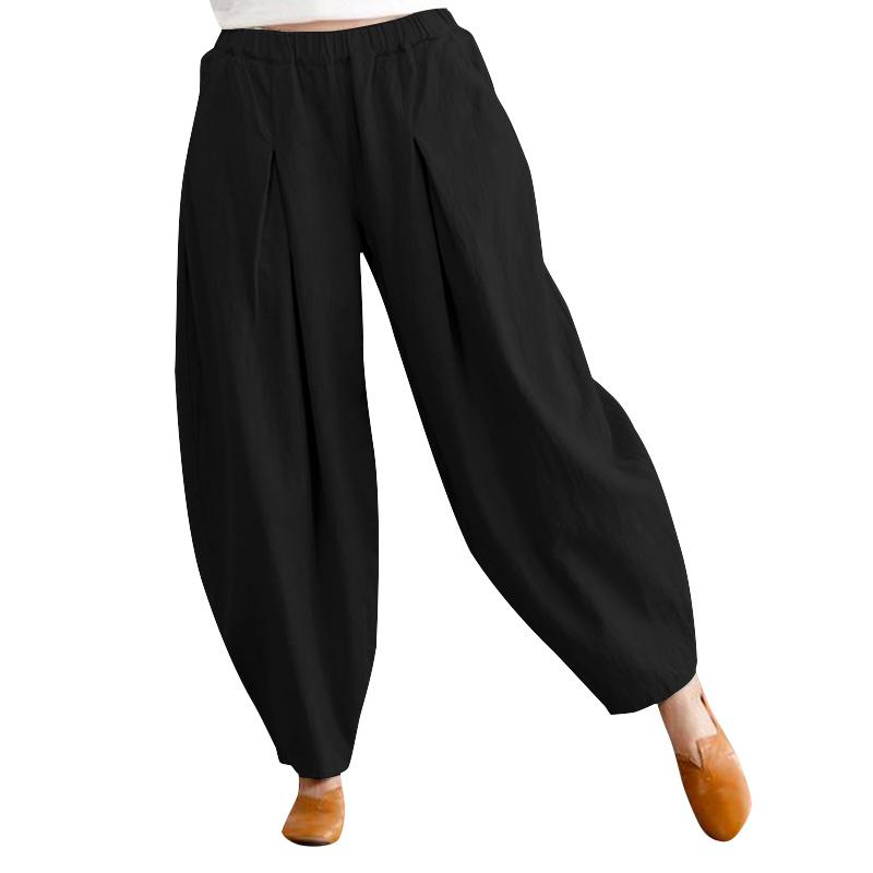 ZANZEA Женские летние хлопковые брюки, однотонные повседневные свободные шаровары с эластичной резинкой на талии
