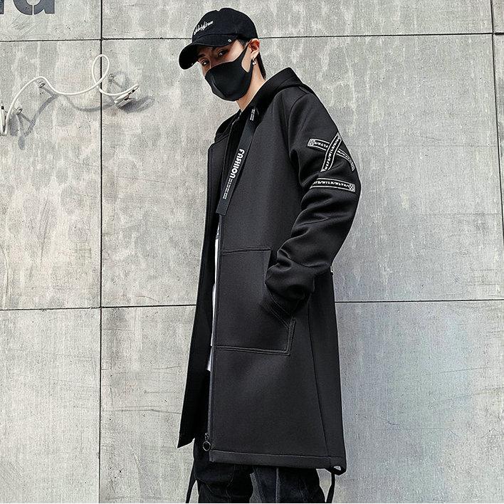 Уличная одежда, весенняя мода, повседневные тренчи, мужские пальто Harajuku с капюшоном и лентами, средняя длинная мужская куртка