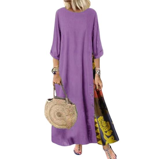 Женское летнее осеннее платье в стиле ретро с принтом в стиле пэчворк, круглый вырез, одинаковый цвет, рукава три четверти, трапециевидное женское платье макси с большим подолом