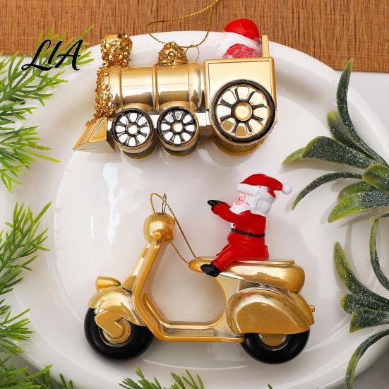 Decorative Santa Figurine Golden Motorcycle/Train Claus Pendant with Lanyard, Christmas Tree Hanging Creative Holiday Table Ornaments Ornaments,