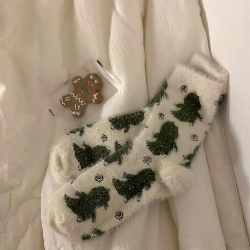 Cow Print Mink Plush Socks For Women Girl Mid Tube Stockings Warm Coral Velvet Sleep Floor Sock Winter Thermal Slipper Funny Sox