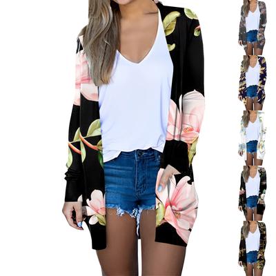Женская модная повседневная куртка-кардиган миди с длинным рукавом и цветочным принтом, топы