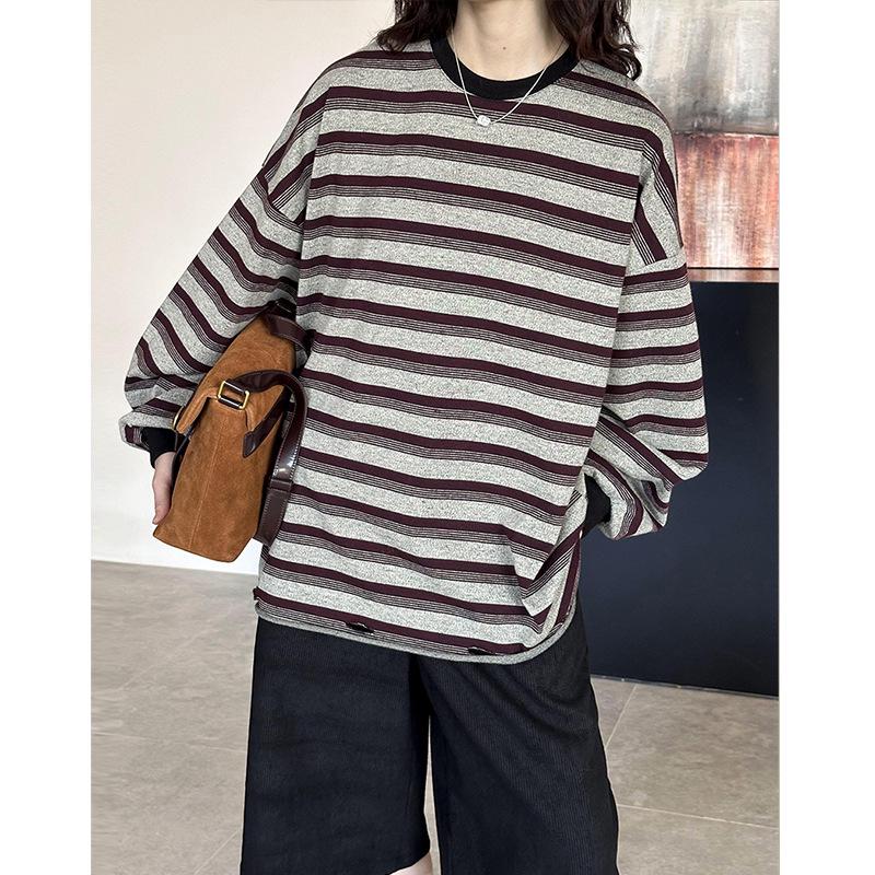 Juzhi 2024 Осенний корейский полосатый контрастный свитер-пуловер с круглым вырезом и длинными рукавами