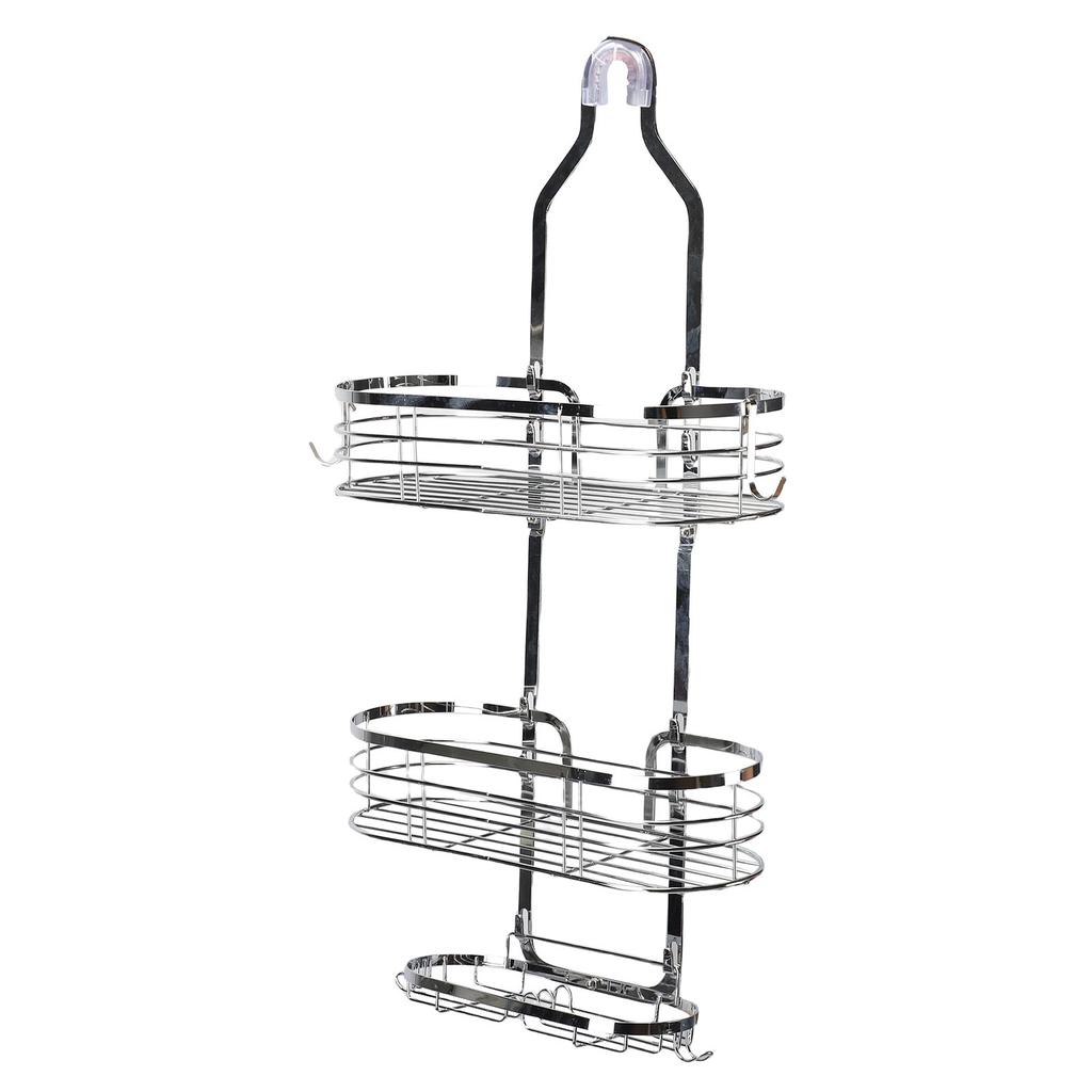 Shower Caddy Hanging Over Head Iron Bathroom Organizer Shelves with Soap Holder 2 Hooks for Towels Sponge Silver