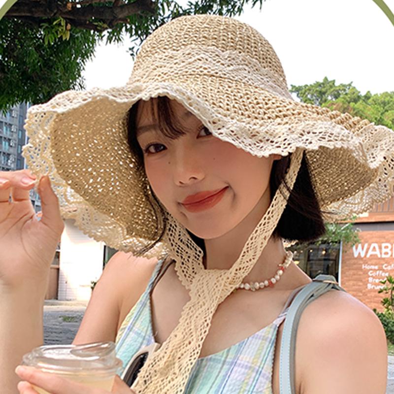 Соломенная шляпа женская кружевная шляпа рыбака с ремешком из кружева защита от солнца полая дышащая шляпа от солнца дорожная шляпа от солнца на море