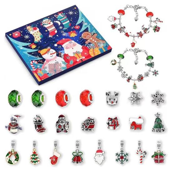 Набор браслетов-адвент-календаря на Рождество 2025, 24-дневный обратный отсчет, шкатулка для украшений с шармами в виде Санты, оленя и елки, сюрпризный рождественский подарок
