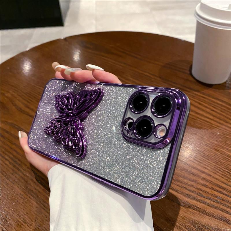 Sparkly Phone Case for iPhone 17 16 15 Pro Max with Butterfly Stand Gradient  Full Cover Glitter Case