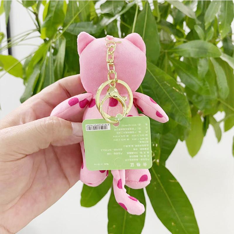 Charming Soft Plush Pink Cat Keychain With Polka Dots Perfect For Gifts And Decor
