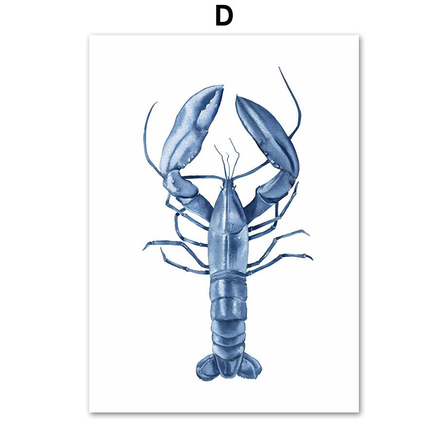 Акварельные синие прибрежные морские существа, постеры с принтами, осьминог, раковина, медуза, настенная живопись на холсте, детская комната, домашний декор
