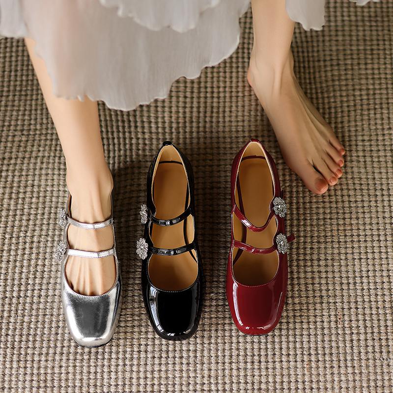 Krazing Pot Туфли-лодочки Mary Janes из овчины, весна-лето, размер 41, на толстом низком каблуке, женские, с квадратным носком, с кристаллами и цветами