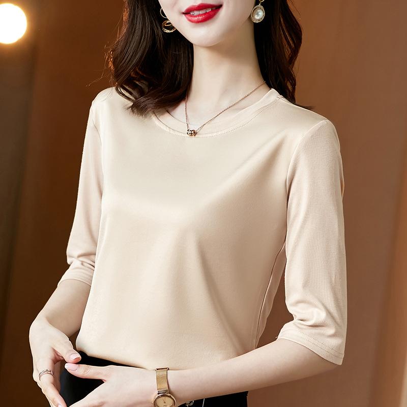 Футболка с рукавом 7 четвертей из ацетатного атласа на основе для женщин, весенняя, новая, модальная, с круглым вырезом, универсальная, маленькая рубашка