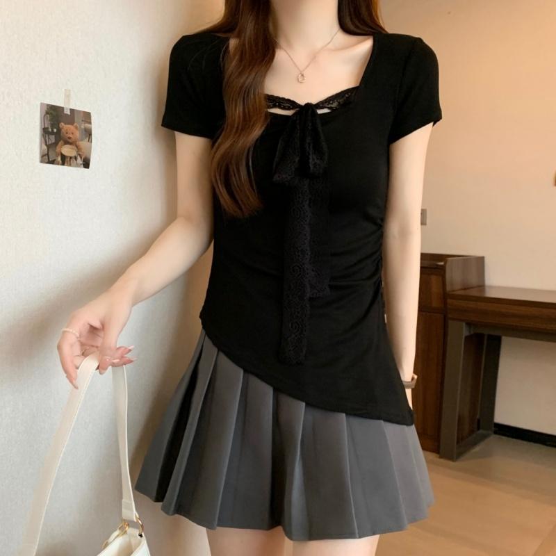Летние женские однотонные пуловеры с коротким рукавом и круглым вырезом, корейские футболки с кружевом и лентами, топы y2k, женские приталенные футболки из чистого хлопка