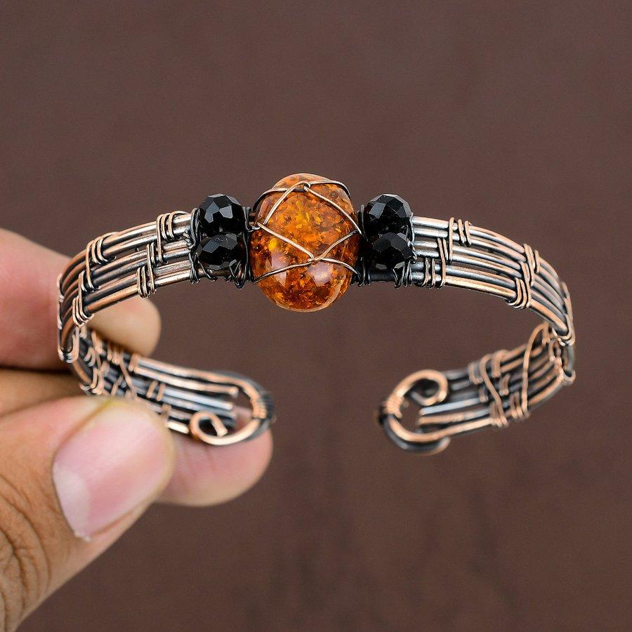 Natural Baltic Amber Handmade Copper Wire Wrap Cuff Bangle Adjustable U1q14