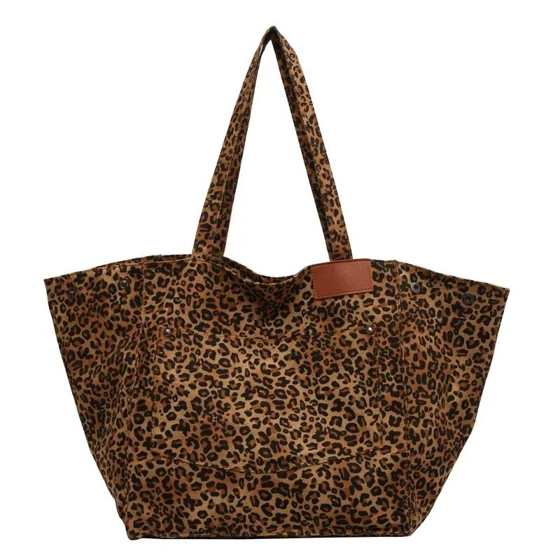 Women's Large Capacity Canvas Shoulder Bag Leopard Print Multifunctional Casual Tote Bag