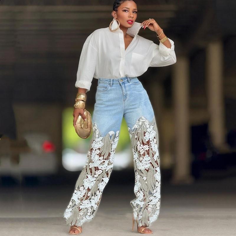 Кружево пэчворк большого размера Винтажные цветочные с высокой талией повседневные свободные длинные Женские весна лето осень джинсы деним широкие штаны