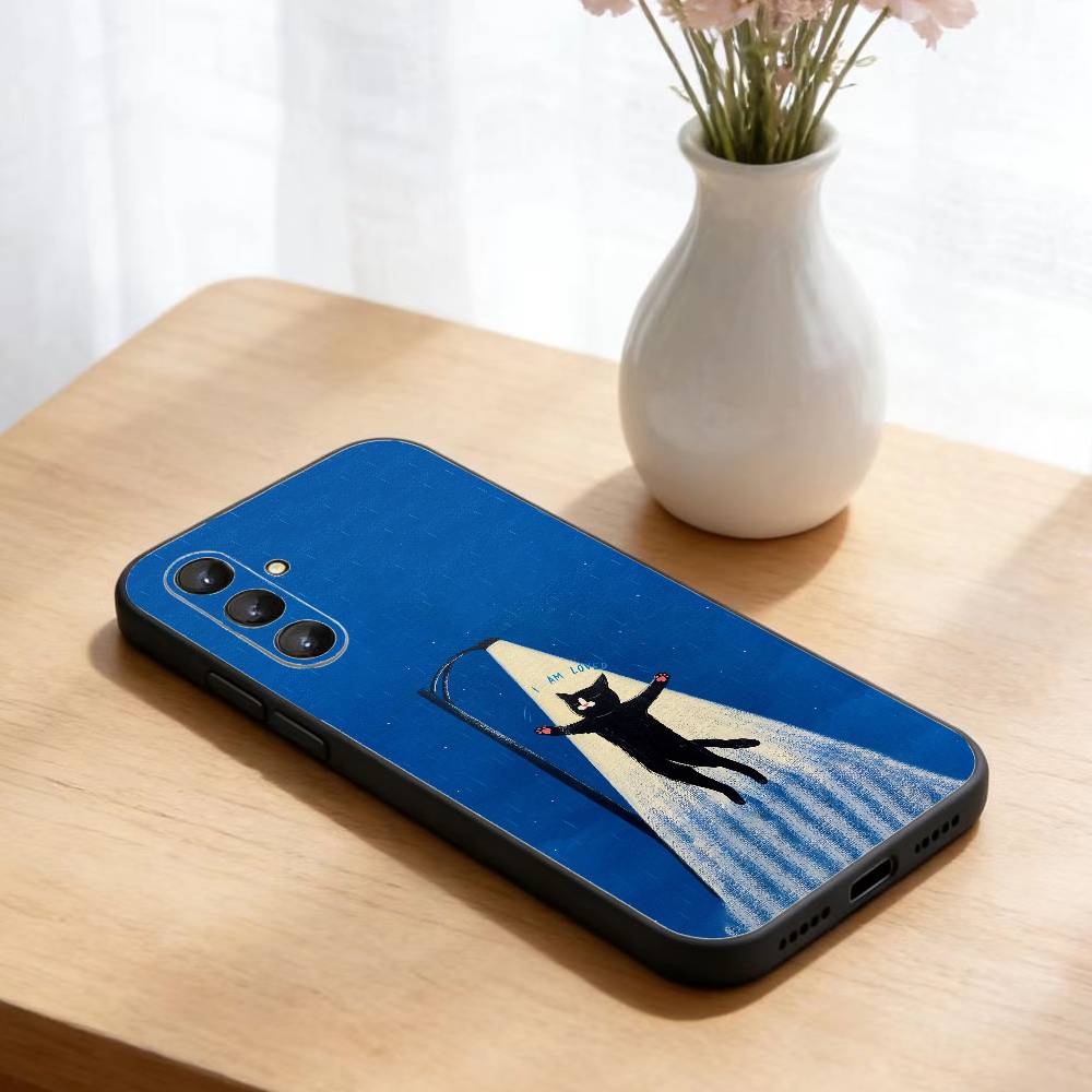 Black Whimsical cat Phone Case For Samsung Galaxy A73,A21s,A22,A31,A52,A53,A71,A41Soft Black Shell