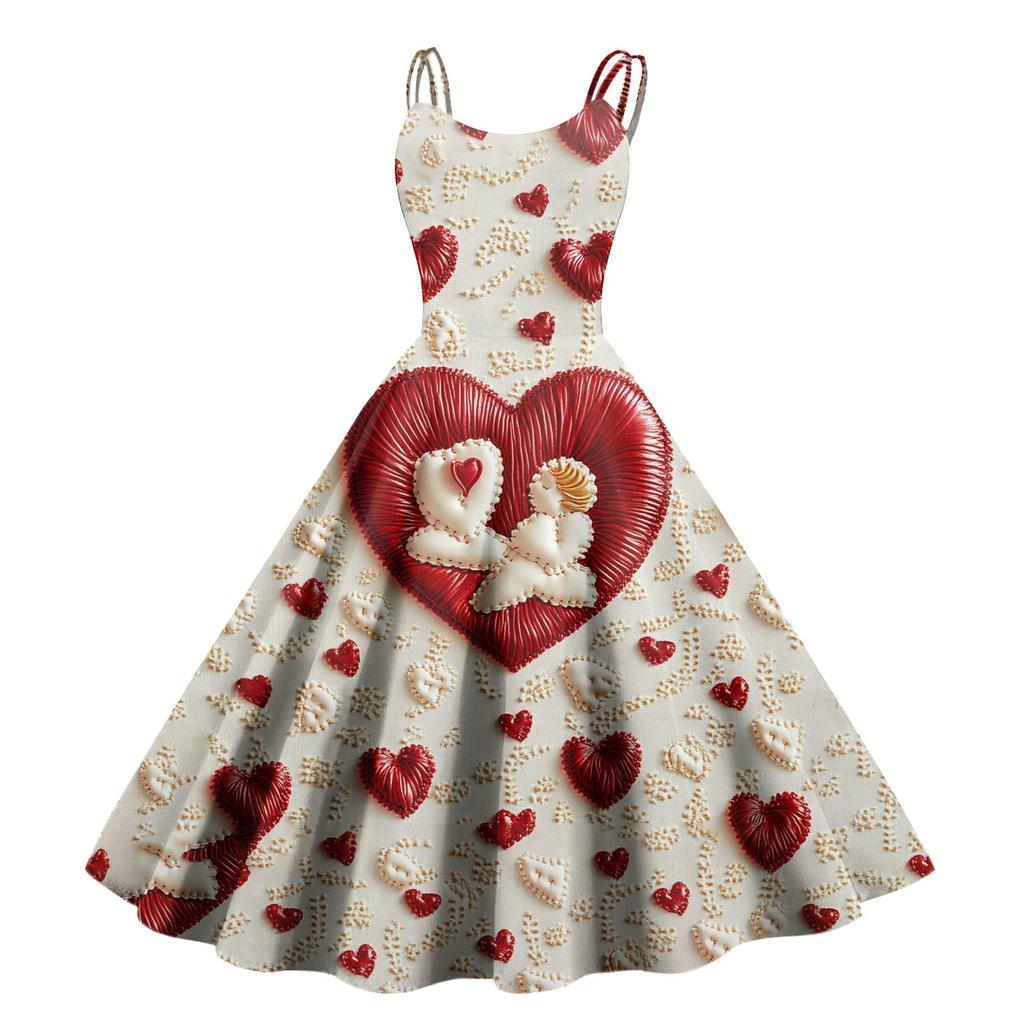 Women's Valentine's Day Love Heart Print Sexy Off Shoulder Vintage Dress