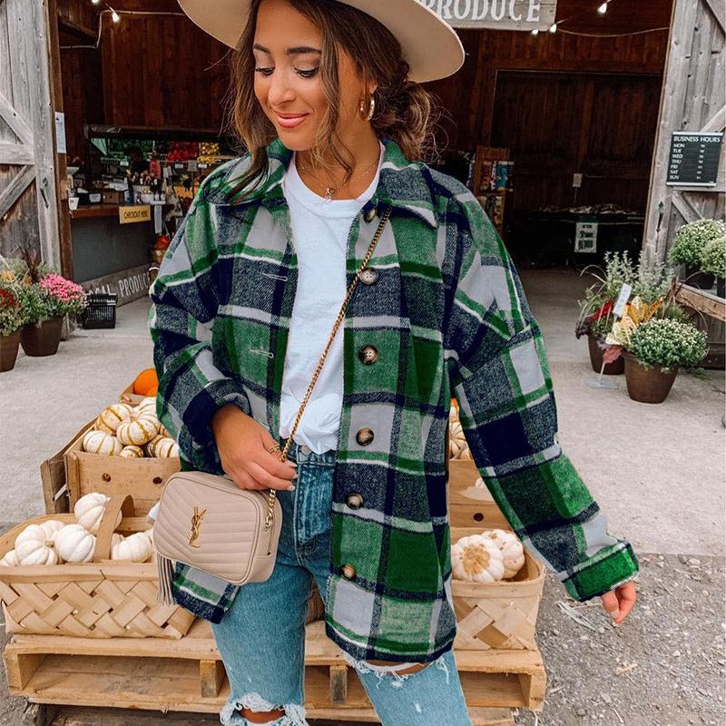 Женское пальто большого размера в клетку, в стиле рубашки, из смесовой шерсти, оверсайз блейзер, осенне-зимняя повседневная верхняя одежда