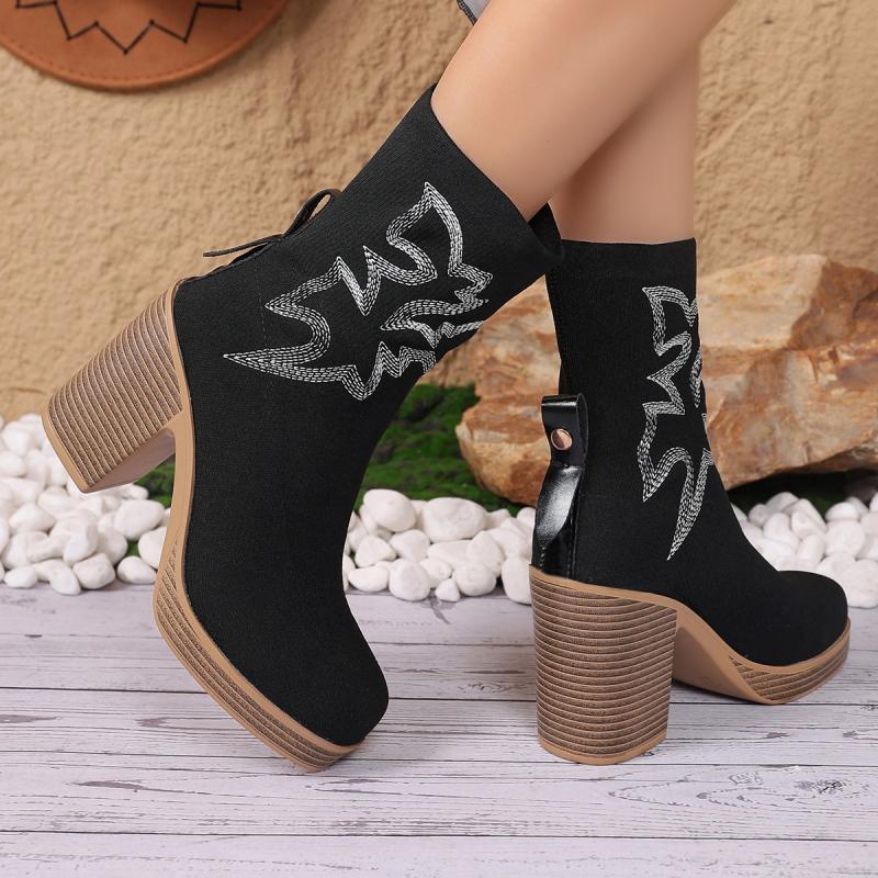 Fashion Fashion White Geometric Pattern Sock Boots Women Autumn Square Toe High Heel Mid Calf Western Cowboy Boots Sexy Slip On Shoes