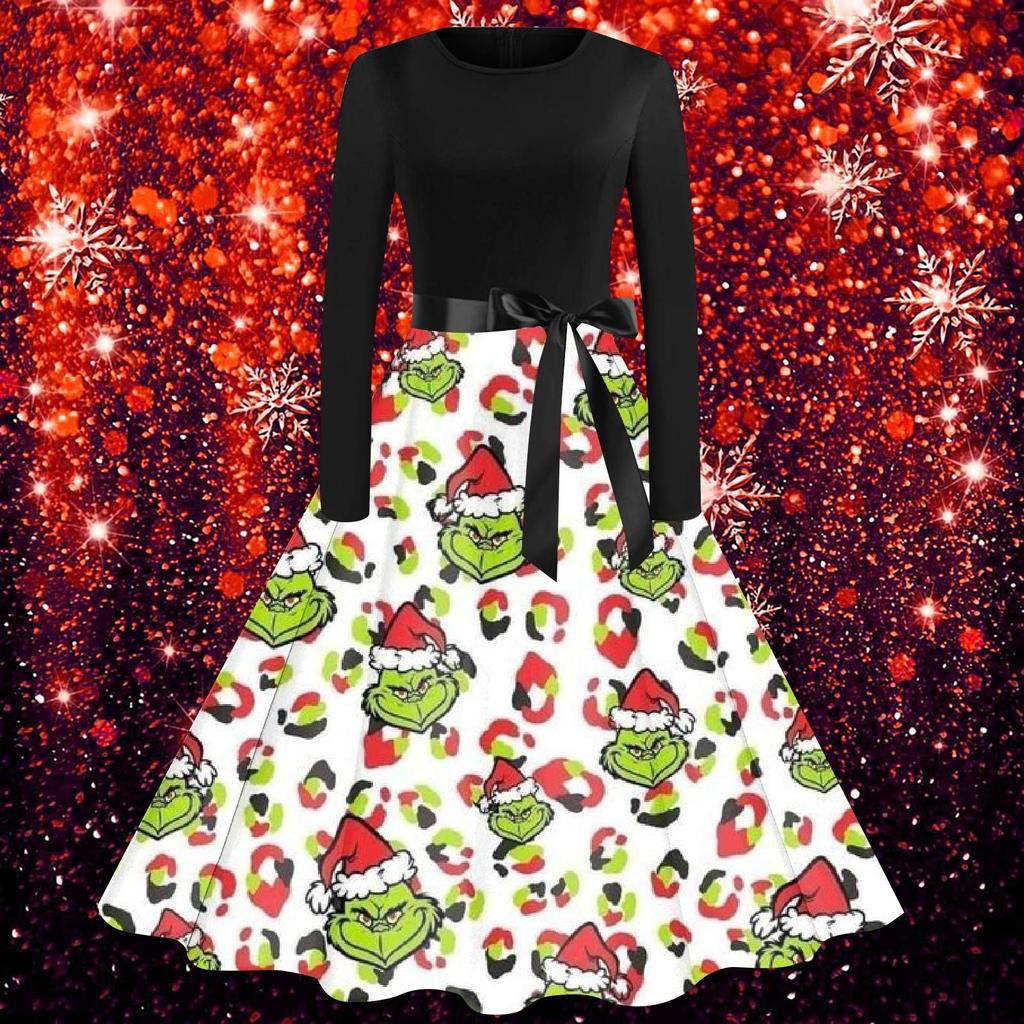 Рождественское расклешенное платье для женщин, платье с длинным рукавом, вечерние повседневные платья