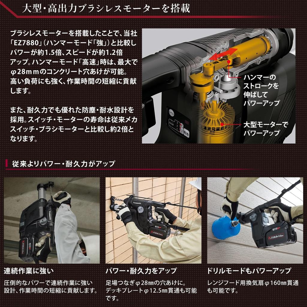 Panasonic Rechargeable Hammer Drill Battery Pack x Collection Included Equipped with Dust Collection System Concrete Deck Penetration IP56 Red 28.8V
