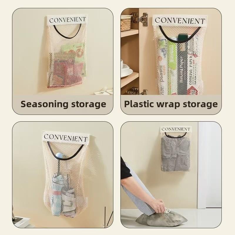 Wall Mount Mesh Storage Bag Garbage Bag Holder Plastic Shopping Bags Dispenser Sundries Bag Net Storage Grocery Bag Organizer