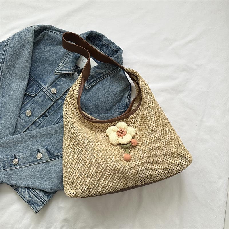 2024 Летняя цветочная плетеная сумка через плечо: Большая вместимость, элегантная сумка-тоут для женщин