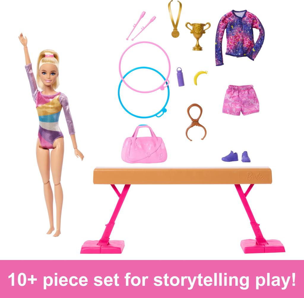 Barbie Career Playset Gymnastics Set Blonde Gymnastics Fashion Doll C Clip for Flip Action Balance Beam Warm Up Suit Accessories &