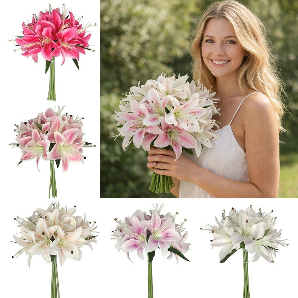 12 Heads Artificial Lilis DIY Flower Realistic Fake Flowers Floral Arrangement Plastic Simulation Flowers Home Decoration