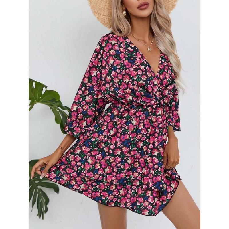 Плюс Размер Женское Летнее Принтовое Платье с Рукавом Seven Point и V-образным Вырезом Модное Платье