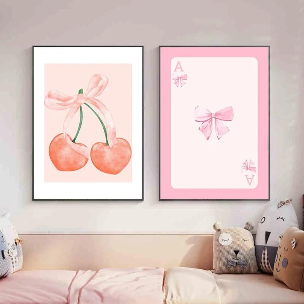 Pink Bows Canvas Painting Wall Art Cherry Disco Ball Zebra Poster Print Picture Preppy Girl Room Home Decor