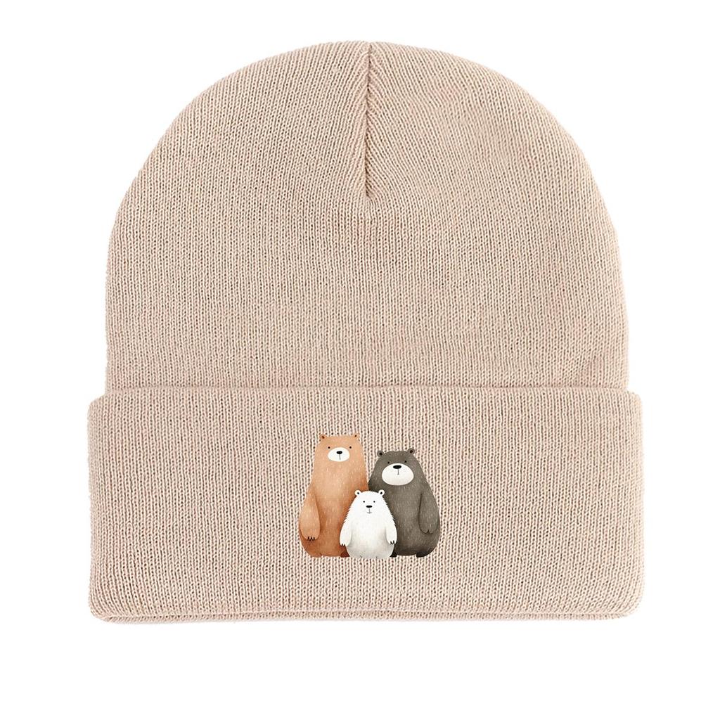 Cartoon Bear Family Print Knitted Cap Beanie, Cute Animal Skull Cap Warm Elastic Headwear Headwear Knit Hat Beanie