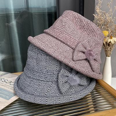 Новая корейская версия женской осенне-зимней теплой шляпы, клетчатая шляпа-котелок из шерсти с бантом, дорожная универсальная повседневная шляпа-ведро рыбака