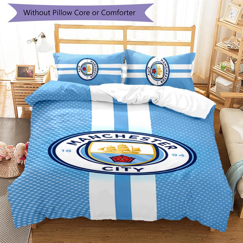 3pcs Manchester City Football Club pattern bedding set duvet cover set includes duvet cover &pillowcases,perfect all season bedroom decoration&gift