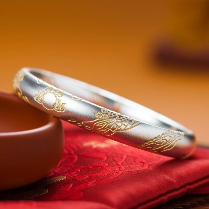 White copper with gold-painted dragon design, traditional Chinese zodiac style, closed bangle for women, plated with pure silver, non-fading bracelet