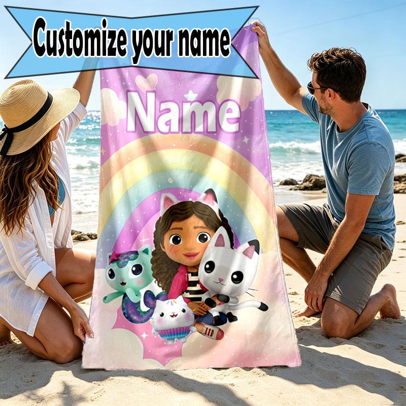 Custom Name Personalized Gabby's Dollhouse Print Beach Towel, for Trip Camping Beach Party Home Decor, Birthday Gift for Family & Friends