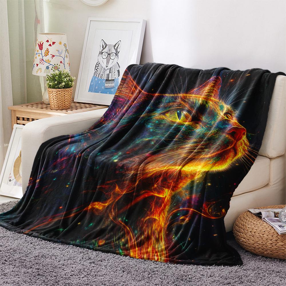 Neon Cats Print Flannel Blanket, High quality Comfortable for All Seasons, Home Decor, Warmth and Comfort
