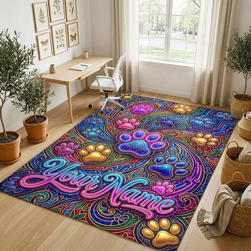 Dog Theme Crystal Velvet Rug Personalized Custom Name Text Soft Floor Mat Home Decor