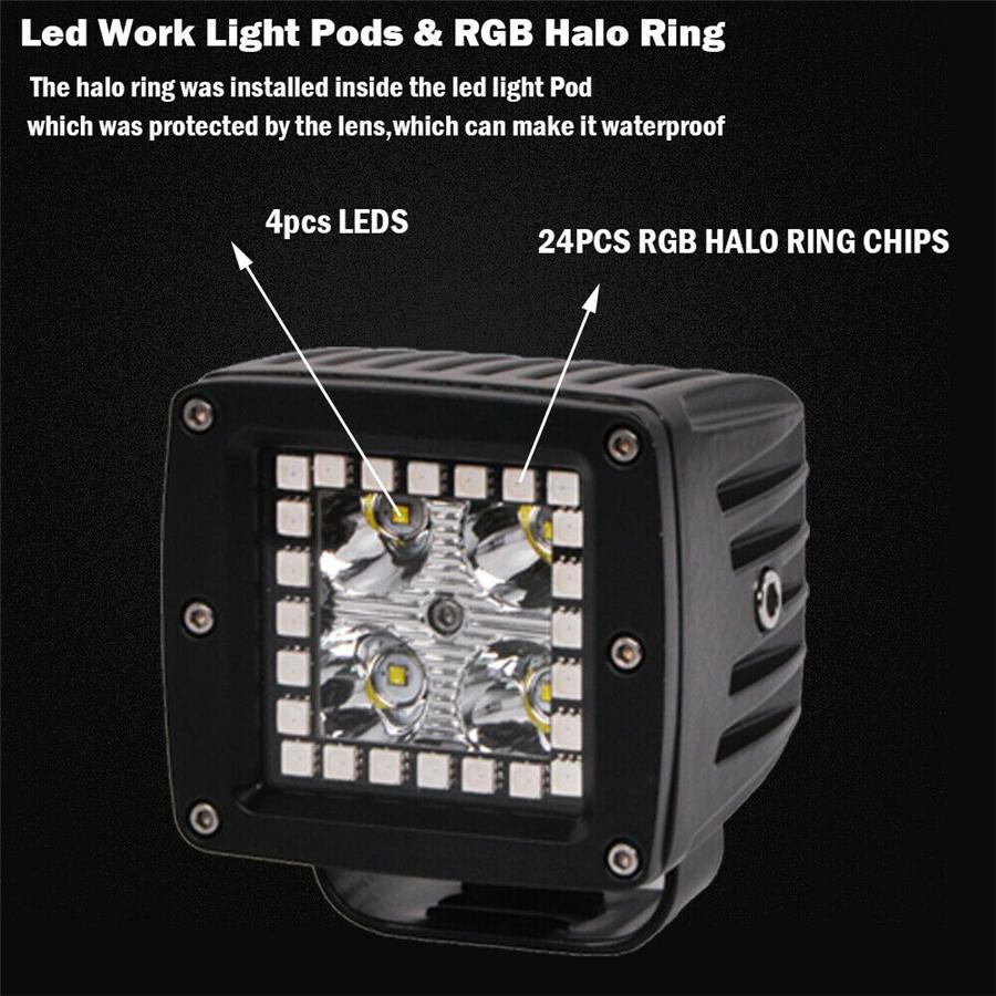2x 3" Точечные светодиодные рабочие фары RGB Кольцо-гало Бегущий Многоцветный Пульт дистанционного управления