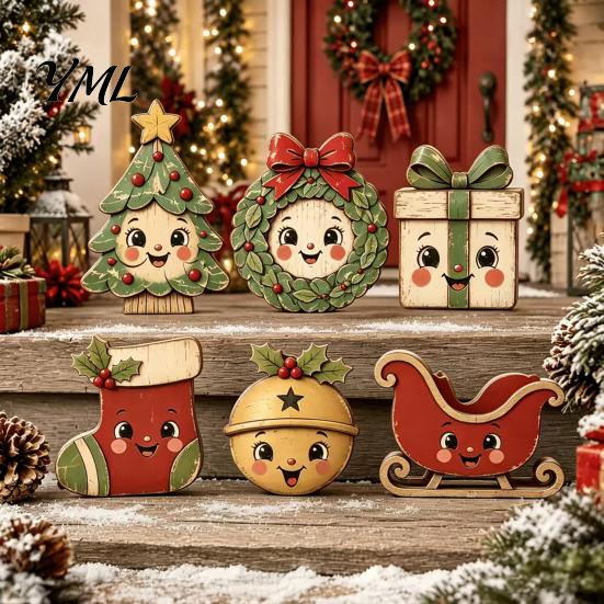 Wooden Holiday Ornaments 6Pcs Christmas Tabletop Signs, Xmas Sign Decor, Santa Reusable Figurines Snowman Reindeer Gingerbread House for Mantel Table