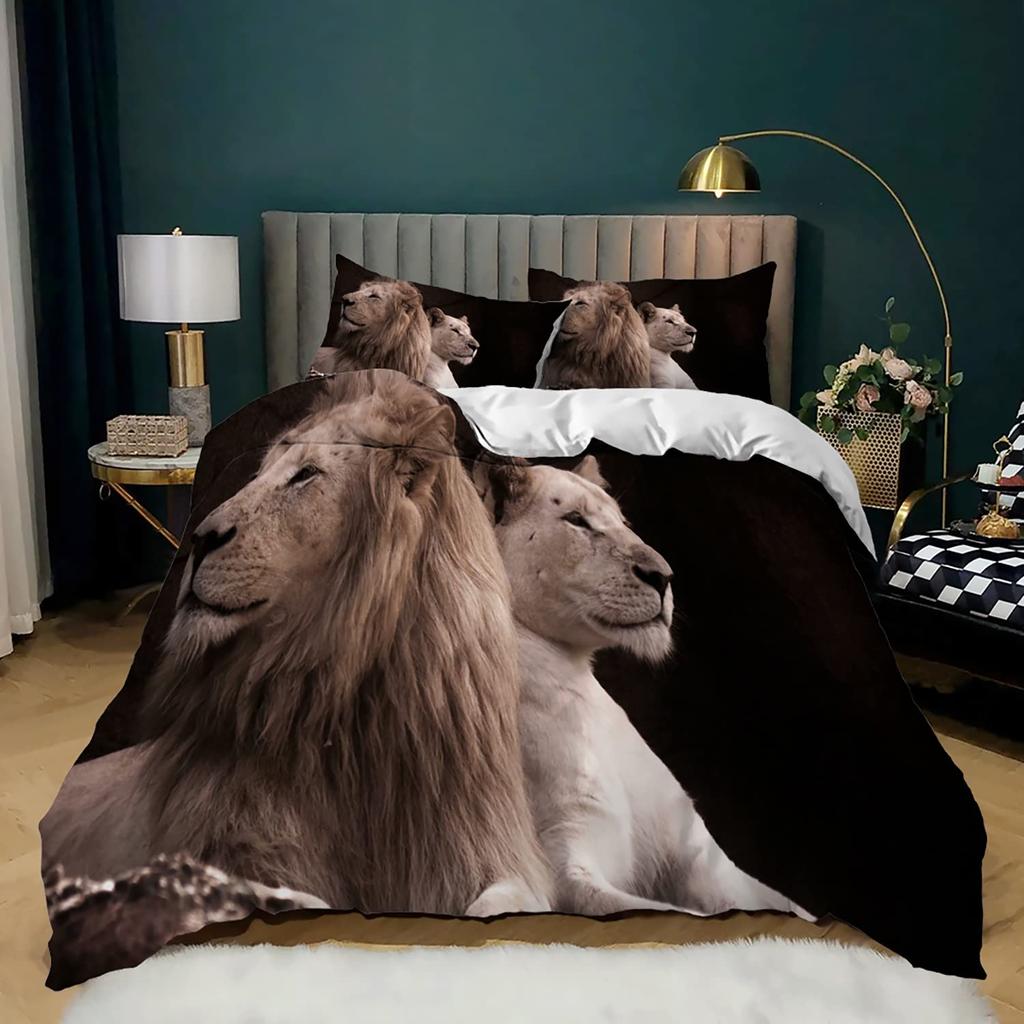 Lion Rose Duvet Cover Set Full Size,Animal Floral Comforter Cover Nature Theme Design Bedding Set,Modern Brown Lion Quilt Cover