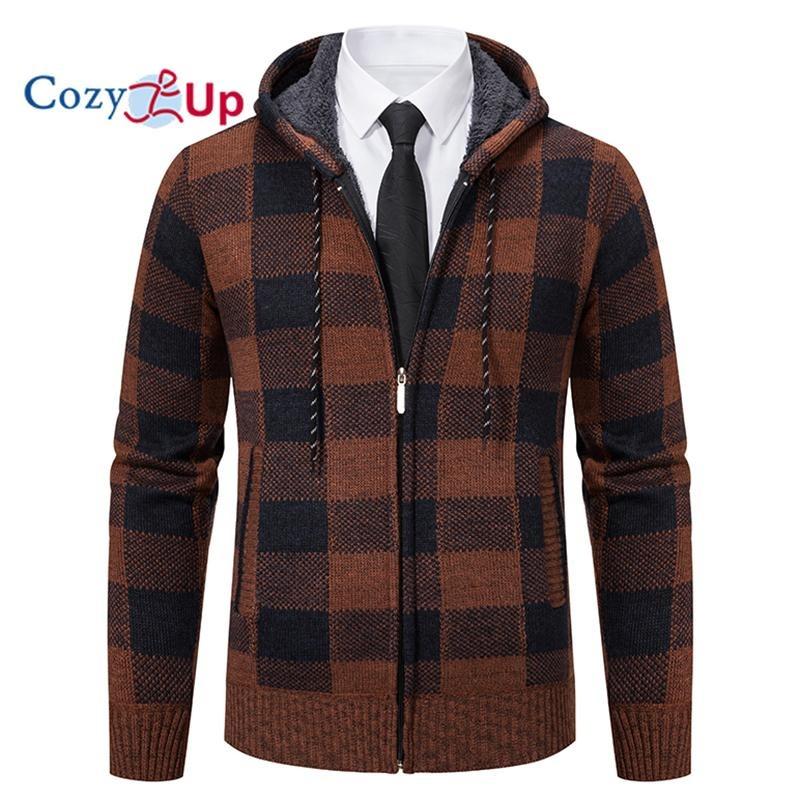 Cozy Up Мужской свитер, пальто, осень-зима, толстый, теплый, с капюшоном, клетчатый шерстяной свитер, кардиган, флисовое пальто на молнии, мужское пальто