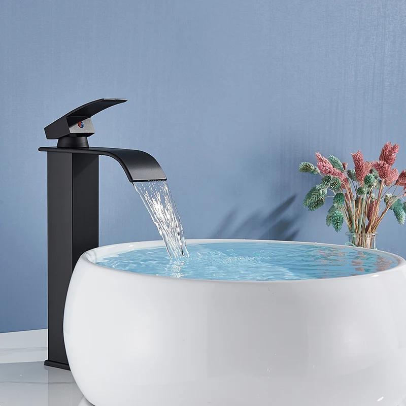 Matt Black Basin Faucet Single Lever Mixer Hot and Cold Water Basin Crane Tap Bathroom Washbasin Sink Waterfall Mixer Tap